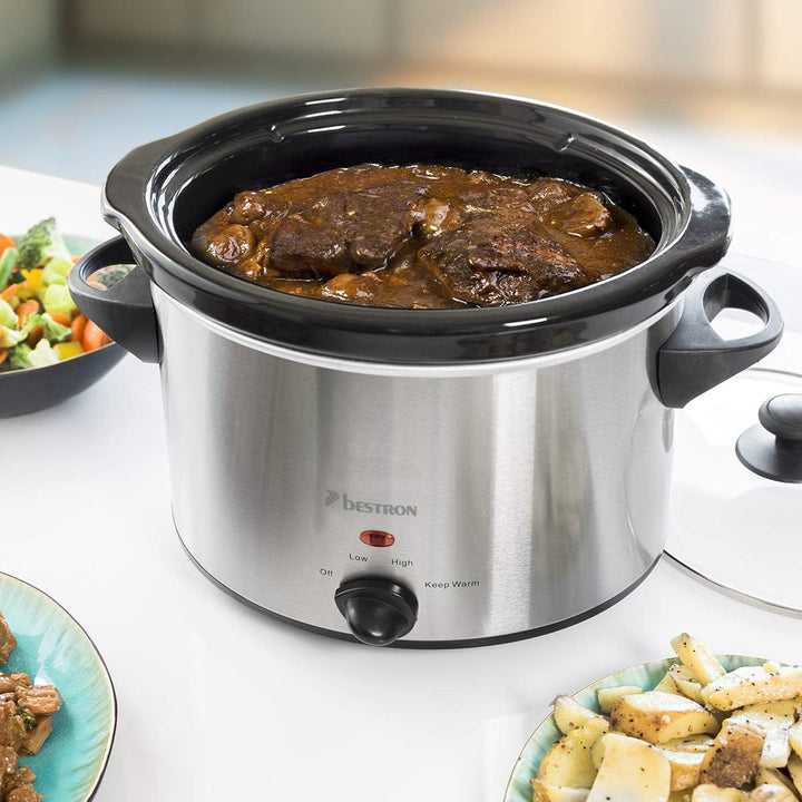 Bestron Slowcooker Für 4 Personen, Schongarer Mit Keramikpfanne & Glasdeckel, 3 Stufen-Thermostat, Ideal Für Viele Gerichte Wie Fleisch, Suppen & Gemüse, 3.5 Liter, Farbe: Silber