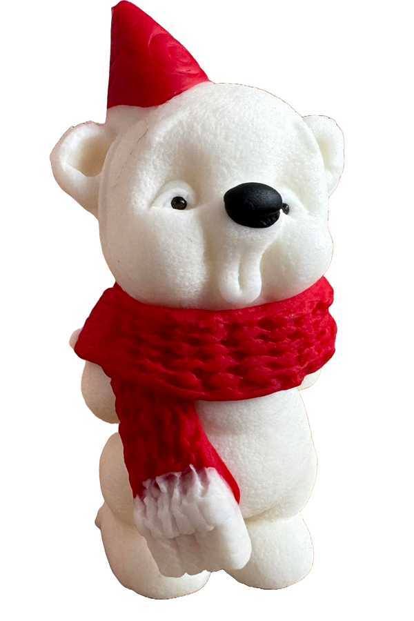 Edible decoration of sugar paste, teddy bear and red scarf