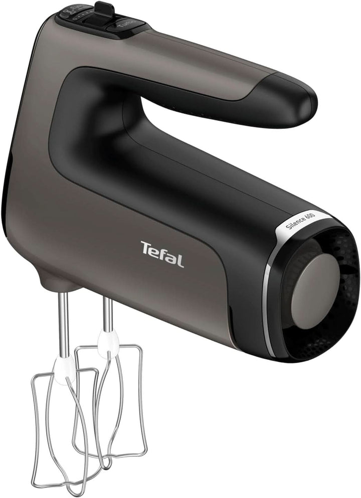 Tefal HT650E Power Mix Silence Handmixer | 600 Watt | Variabler Geschwindigkeitsregler | Turbo- Und Auswurf-Funktion | Extrem Leiser Motor | Inkl. 2 Rührbesen Und 2 Knethaken | Grau