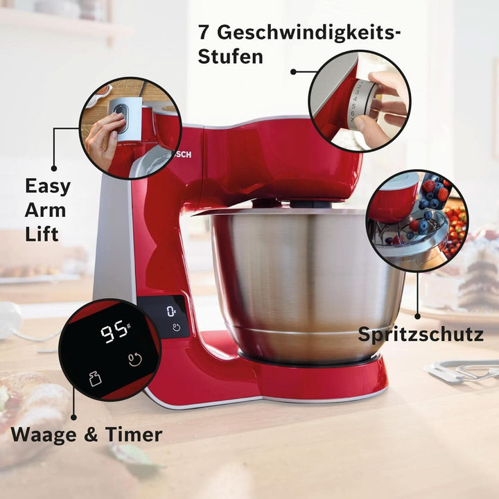 Bosch Küchenmaschine Serie 4 MUM5X720, Integrierte Waage,Edelstahl-Schüssel 3,9L, Mixer 1,25L, Profi-Knethaken, Planetarisches Rührgetriebe, Rührbesen, Durchlaufschnitzler, 1000 W, Dunkelrot/ Silber