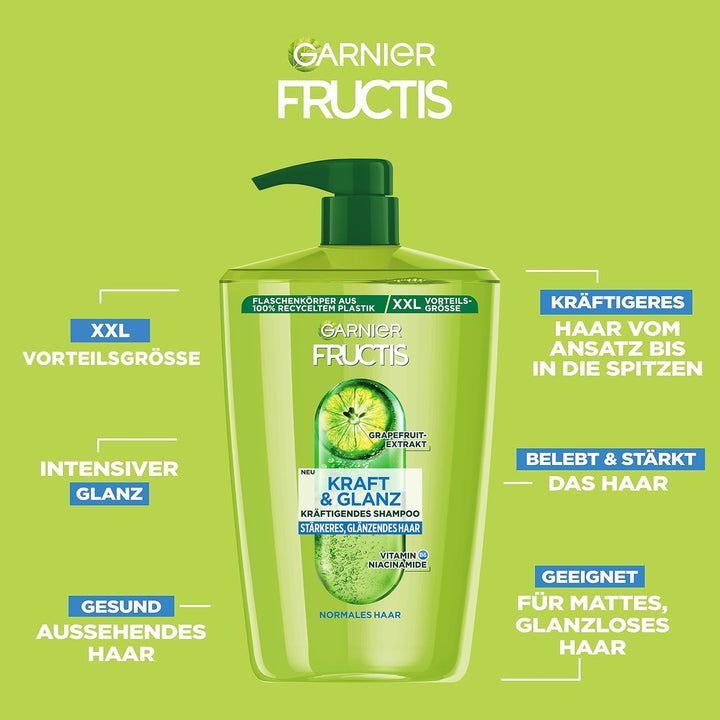 Garnier Fructis Kraft Und Glanz Kräftigendes Shampoo Grapefruitextrakt XXL, Gibt Dem Haar Kraft Und Energie Zurück, Für Stärkeres Und Glänzendes Haar, Maxi Format, 1000 Ml