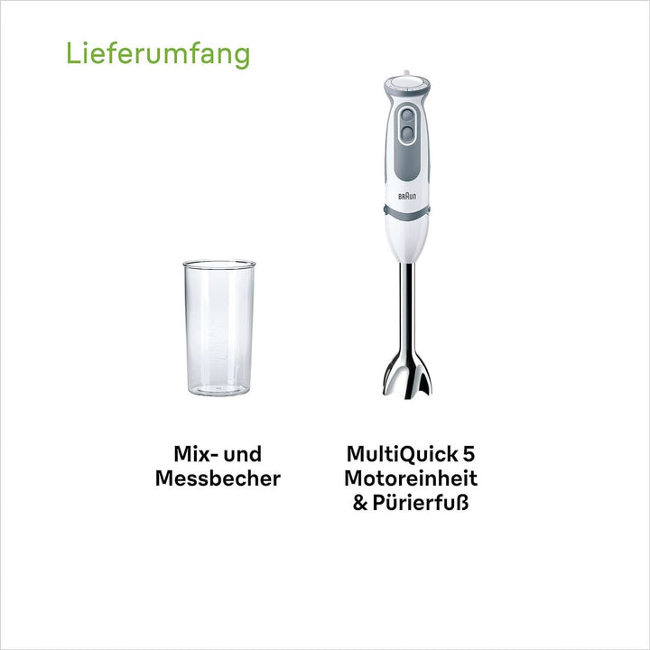 Braun Stabmixer MQ 5200WH - Multiquick 5 Vario Pürierstab Mit Edelstahl Mixfuß, 1000 Watt, Inkl. 600 Ml Mix- & Messbecher, Weiß/Grau