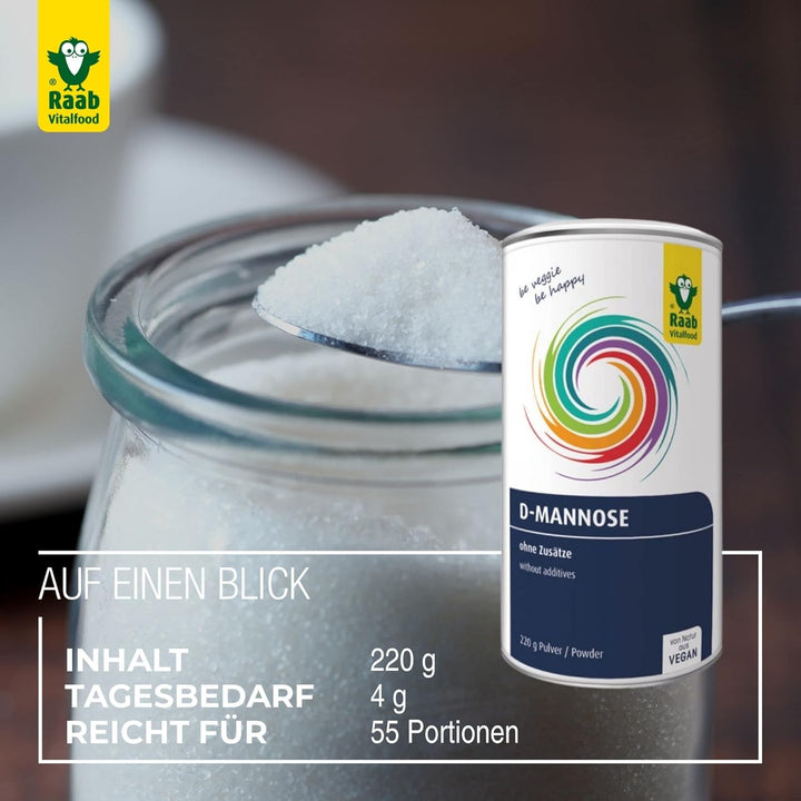 Raab Vitalfood® D-Mannose Pulver (220 G) - Frei Von Zusätzen, Vegan, Glutenfrei, Gut Löslich, Mit Meßlöffel in Der Dose, Vorratspackung, 100% D-Mannose (Gewonnen Aus Mais)