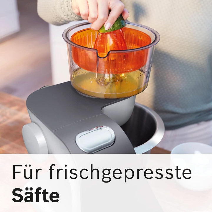 Bosch Küchenmaschine Serie 4 MUM56340, Schüssel 3,9 L, Mixer 1,25 L, Fleischwolf, Zitruspresse, Planetenrührwerk, Knethaken, Schlag-, Rührbesen, Durchlaufschnitzler, 3 Scheiben, 900 W, Silber/Grau