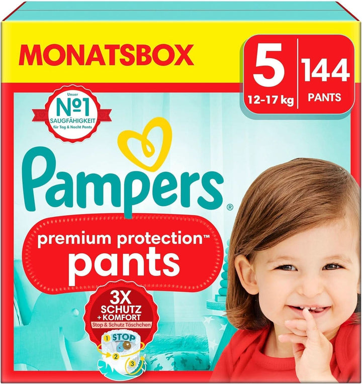 Pampers Baby Nappies Pantaloni mărimea 5 (12-17Kg) Premium Protection, Junior cu buzunar Stop and Protect, 144 scutece Panty