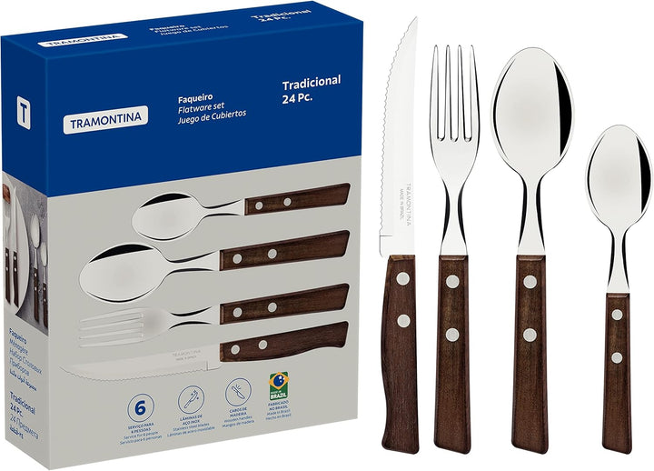 Tramontina Besteckset TRADICIONAL Für 6 Personen, 24-Teilig, Steakbesteck, Steakmesser Mit Wellenschliff, Menügabeln, Menülöffel, Kaffeelöffel, Naturholzgriffe