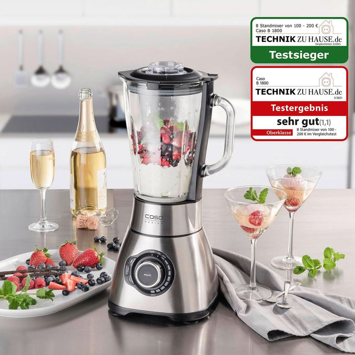 CASO B 1800 Powerblender-Set - Standmixer, 28.000 U/Min, Glasbehälter 1,75 L, Inkl. Trinkflasche Und Zerkleiner, Mixer Testsieger Mit Sehr Gut, Edelstahl