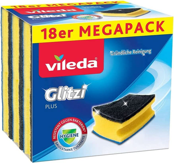 Vileda Glitzi, burete de spălat vase pentru bucătărie, cu efect antibacterian, foarte absorbant, pachet de 18 bucati