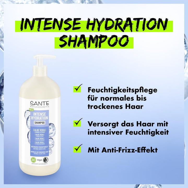 SANTE Naturkosmetik Intense Hydration Shampoo Aloe Vera + Mango-Extrakt, Veganes Pflegeshampoo Mit Pumpspender, Stärkt Und Hydratisiert Trockenes Haar, 950 Ml