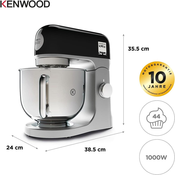 Kenwood Kmix KMX750BK Küchenmaschine, 5 L Edelstahl Schüssel, Safe-Use-Sicherheitssystem, Metallgehäuse, 1000 Watt, Inkl. 3-Teiligem Patisserie-Set Und Spritzschutz, Schwarz, 240X385X355