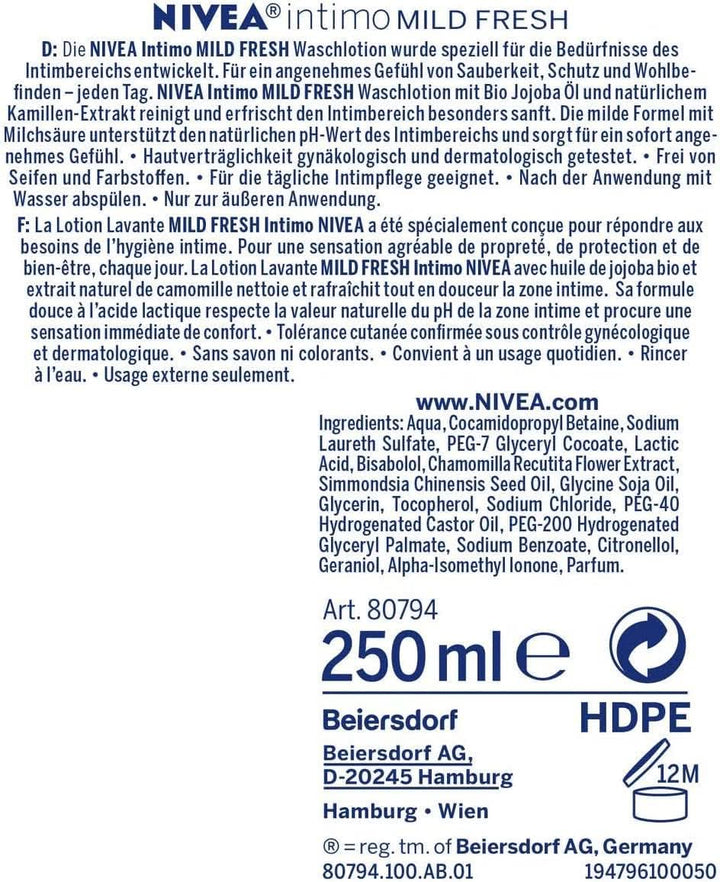 NIVEA, Loțiune de spălare intimă cu acid lactic, extract de mușețel și ulei organic de jojoba, 250 ml