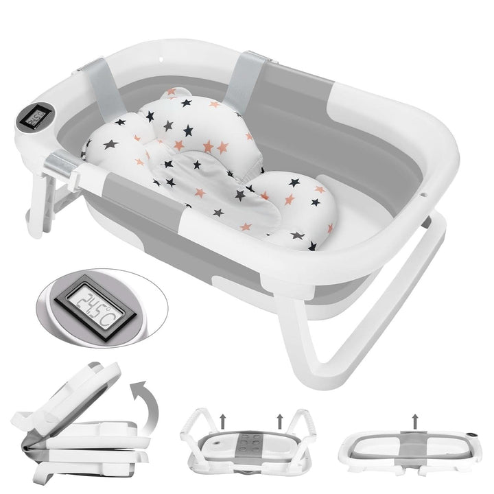 Groß Faltbare Babywanne Mit Badematte, Baby Badewanne Faltbar Mit Duschkopfanschluss & Integriertem Thermometer, Baby Wanne,Ergonomisch, Platz Sparen,Tragbare Badewanne Baby Für Babys Von 0-36 Monaten