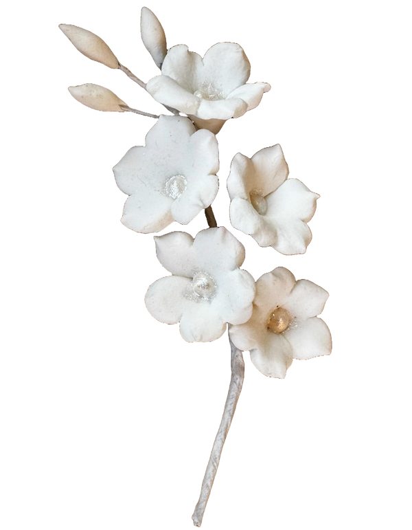 Décoration comestible de la pâte de sucre, branche de fleurs blanches