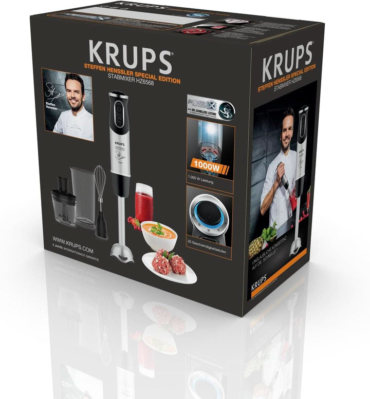 Krups Perfect Mix Stabmixer HZ6568 | Blender | 1000 Watt | Edelstahlfuß | 4 Extra Scharfe Messer | Powelix Technologie | Schneebesen | 500 Ml Zerkleinerer | 800 Ml Messbecher | Schwarz/Silber