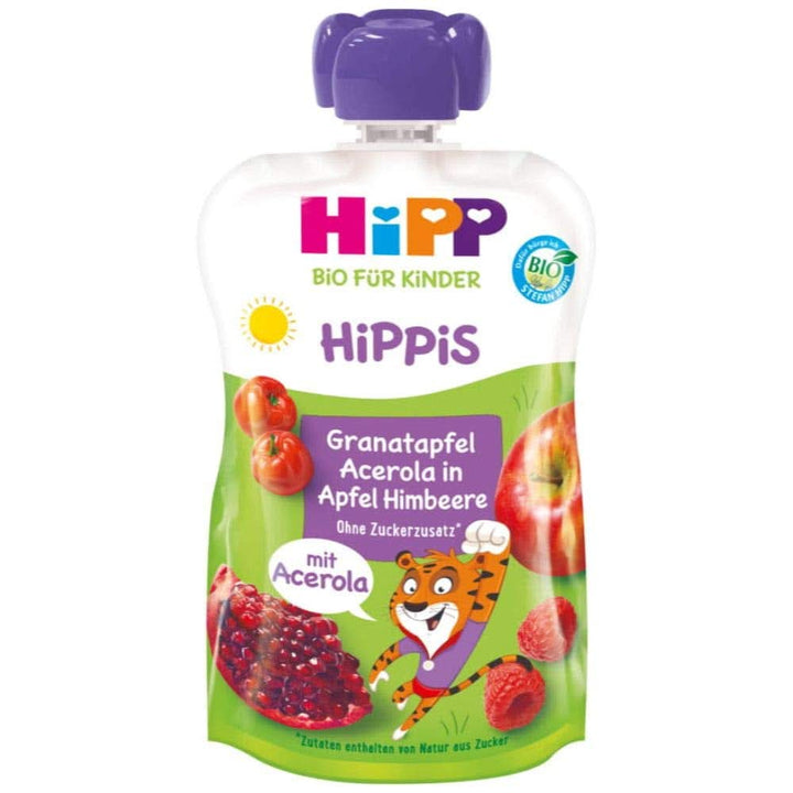 Hipp Super-Hippis Quetschbeutel, Granatapfel-Acerola in Apfel-Himbeere, 100% Bio-Früchte Ohne Zuckerzusatz, 6 X 100 G Beutel