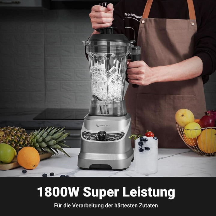 AMZCHEF Professioneller Standmixer Mit 8 Einstellbaren Geschwindigkeiten | 1800W Mixer Hochleistungsmixer Für Die Küche | 1,85 L Blender Für Shakes, Smoothies, Eiscrushen, Gefrorene Früchte