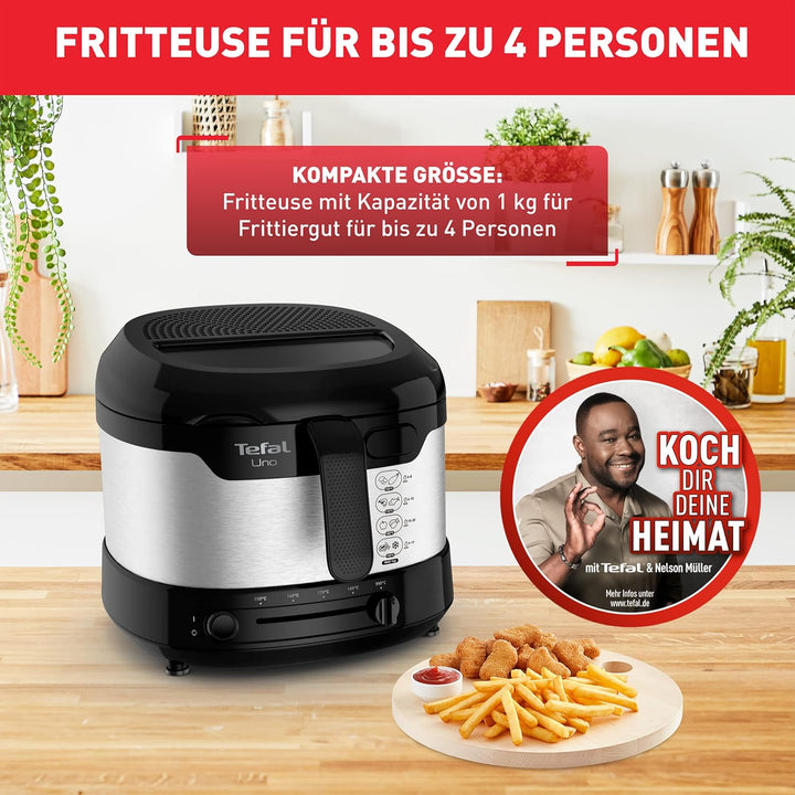 Tefal Uno M Fritteuse FF215D | 1470 Watt | Kapazität: 1 Kg | Einstellbares Thermostat | Sichtfenster | Abtropfposition | Edelstahl/Schwarz, Medium