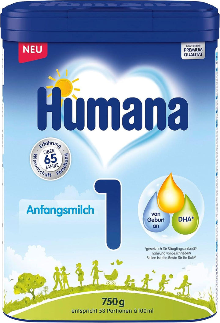 Humana Anfangsmilch 1, Von Geburt An, Milchpulver Für Säuglingsmilch, Zusätzlich Zur Muttermilch Oder Als Alleinige Babynahrung, Anfangsnahrung Mit DHA Und Nur Laktose, 750 G