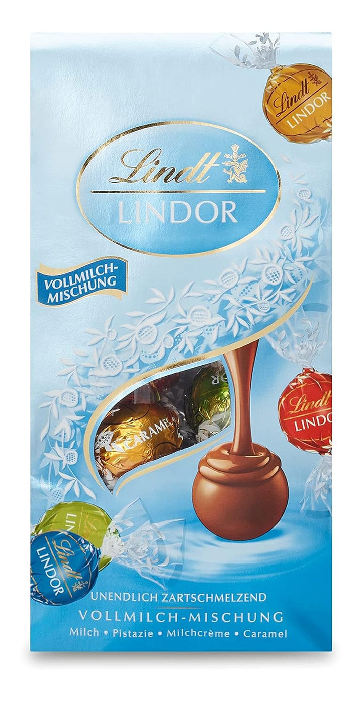 Lindt Schokolade LINDOR Vollmilch-Mischung | 137 G Beutel | Ca. 10 Kugeln Vollmilchschokolade Mit Zartschmelzender Füllung in Den Sorten Milch, Pistazie, Doppelmilch, Caramel | Pralinen-Geschenk