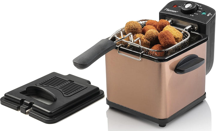 Bestron Öl-Fritteuse, Mini Fritteuse Für 1 Portion Pommes, Fisch Oder Nuggets, Inkl. Kaltzonentechnologie & Temperaturkontrolle Bis 190°C, Mit Edelstahlkorb, Sichtfenster & Ölfilter, Farbe: Kupfer