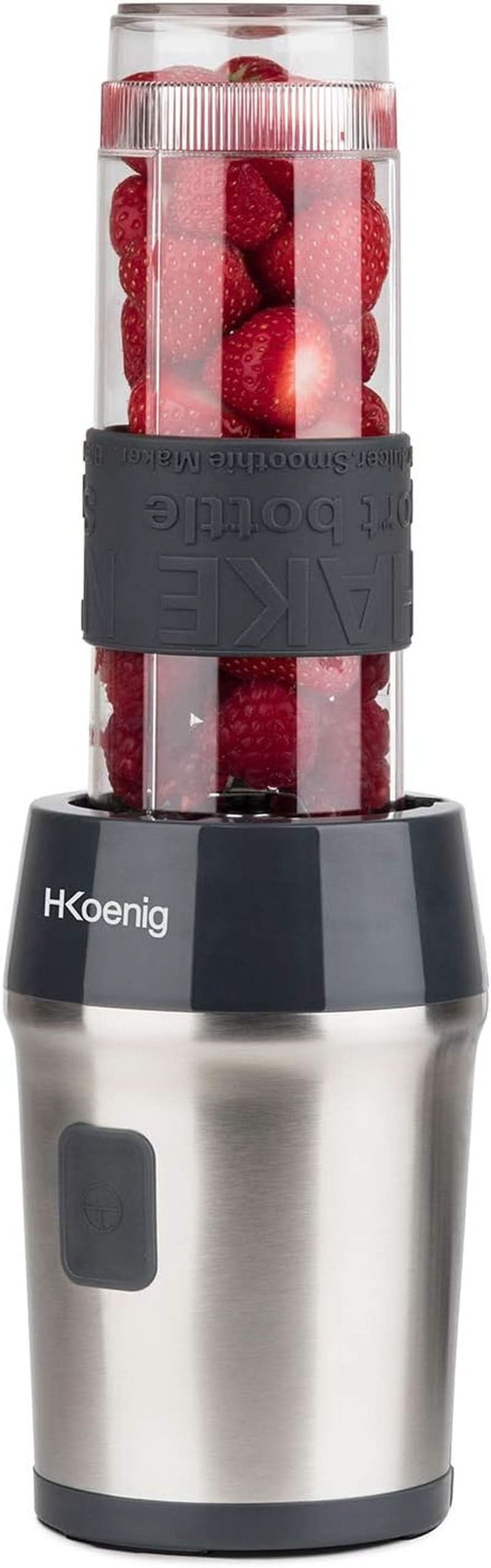 H.Koenig Smoothie Maker SMOO9 - Mini Standmixer - Mini Blender - 300 Watt - 570 Ml - Edelstahl - 2 Kunststofflaschen - Bpa-Frei, Grau