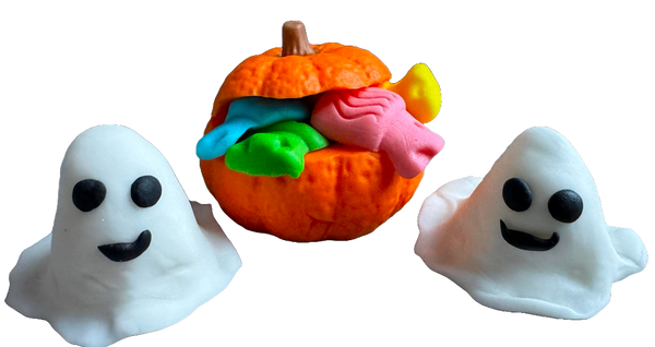 Set mit 3 essbaren Dekorationen aus Zuckerpaste, Halloween, Geister und Kürbisse mit Süßigkeiten