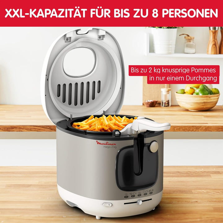 AM4800 Mega 2Kg Fritteuse | Fritteuse Mit Öl | Anti-Geruchs-Filter | Regelbare Temperatur | Leichte Reinigung | Knusprige Pommes | 1.800 Watt | Für Bis Zu 8 Personen | Weiß/Silber | Gross