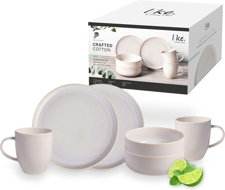 Like. by Villeroy & Boch – Crafted Cotton Frühstücks-Set 6 Teilig Weiß, Spülmaschinenfest, Mikrowellensicher, Geschirr Set, Geschirrset, Service Mit Frühstückstellern, Pottery-Look, Premium Porzellan