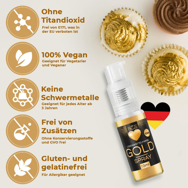 He-Ju Lebensmittelfarbe Gold Spray 10G, Goldpulver Essbar Vegan Und E171 Frei, Essbarer Glitzer Für Getränke