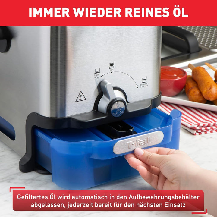 Tefal FR8040 Oleoclean Pro Inox & Design Fritteuse | 2300W | Kapazität 1,2 Kg | Herausnehmbarer Ölbehälter | Automatische Öl/Fett Filterung | Timer | Thermostat | 3.5 L | Schwarz/Edelstahl