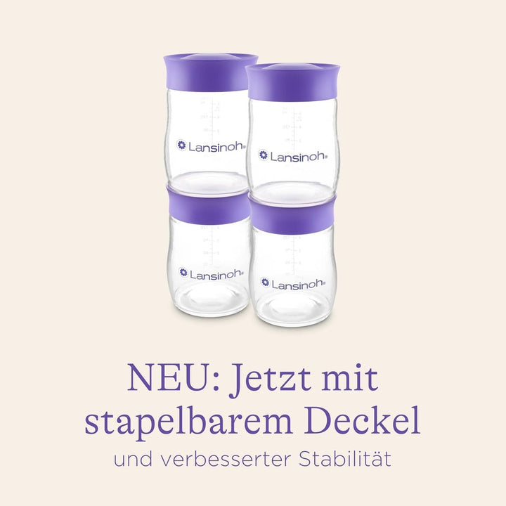 Lansinoh Muttermilchflaschen, 4 X 160 Ml - Zur Sicheren Muttermilch Aufbewahrung - Neues Kompaktes Design Für Verbesserte Stabilität - Mit Stapelbarem Deckel