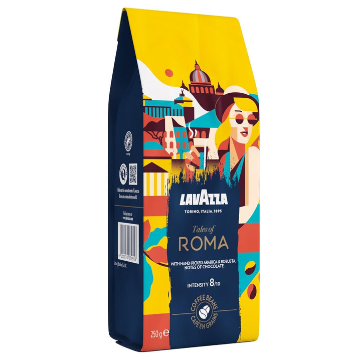 Lavazza, Tales of Roma, Kaffeebohnen, Ideal Für Espresso-Kaffeemaschinen, Mit Aroma Noten Von Haselnuss & Dunkler Schokolade, Arabica Und Robusta, Intensität 8/10, Mittel Röstgrad, 250 G