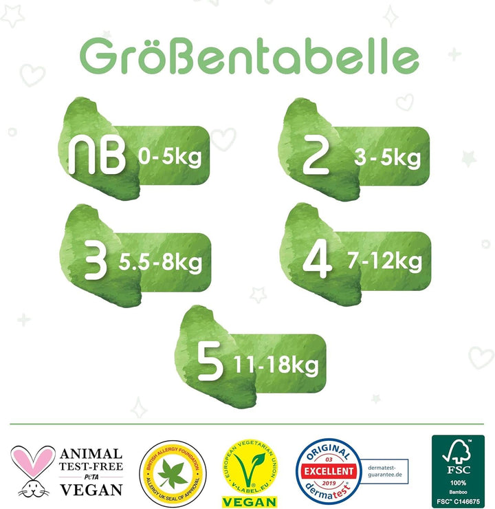 Pureborn Eco Bio-Bambus Windeln, Größe Für Neugeborene Bis 5 Kg, 34 Stück, Umweltfreundlich, Ultraweich, Hypoallergen, Mit Nässeindikator, Diverser Aufdruck