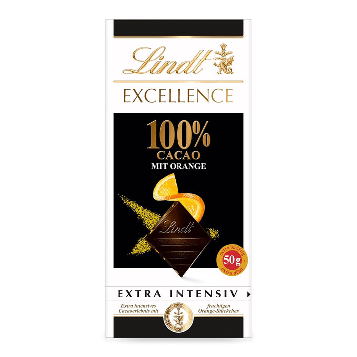 Lindt EXCELLENCE 100 % Kakao & Orange | 50 G Tafel | Extra Dunkle Schokolade Mit 100 % Kakaoanteil & Fruchtigen Orangenstückchen | Vegane Schokoladentafel