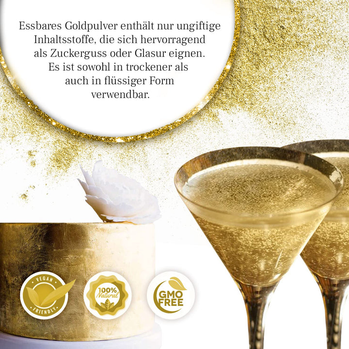 Goldpulver Essbar, 10G Lebensmittelfarbe Gold Ohne E171 Farbstoff, Goldstaub Zum Backen Und Dekorieren, Ideal Für Torten, Kuchen, Schokolade Und Getränke, Essbarer Glitzer