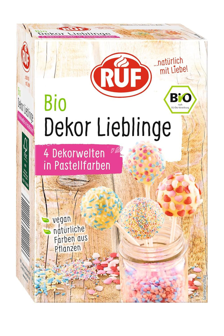 RUF Organic Dekor Lieblinge, 4 varietăți de decorațiuni de copt colorate cu sprinkles, perle de zahăr și inimi de zahăr, fără coloranți artificiali, vegan, 140 grame