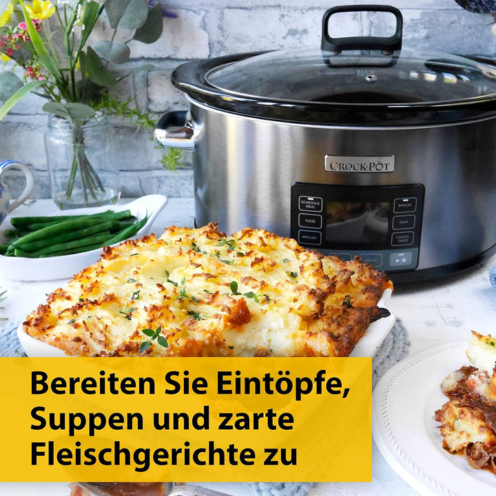 Crock-Pot Timeselect Digitaler Schongarer | Mit Programmierbarem Timer Und Digitaler Anzeige | 5,6 L Fassungsvermögen (Für 7 Personen Und Mehr) | Warmhaltefunktion | Edelstahl [CSC066X]