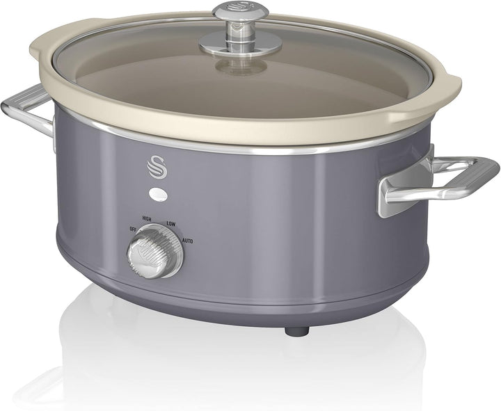 Swan Retro SF17021GRNEU Slow Cooker 3,5L Abnehmbarer Kochbehälter, PFOA- Und Ptfe-Freier Keramischer Antihaft-Behälter, 3 Temperaturstufen, Glasdeckel, Vintage-Design, Grau, 200W