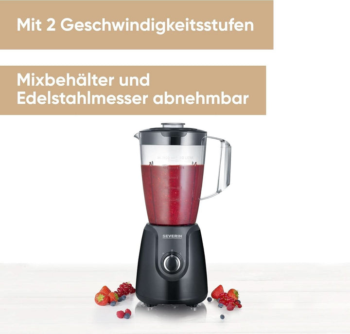 SEVERIN Standmixer Mit 1,5 L Mixbehälter Aus Tritan, Mixer Mit 2 Stufen Und Pulse-Funktion, Leistungsstarker Küchenmixer Mit Edelstahlmesser, 600 W, Schwarz, SM 3707