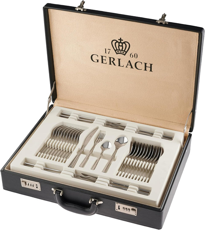 Gerlach Flames Besteck-Set 12 Personen Spülmaschinenfest Essbesteck Edelstahl Elegantes Tafelbesteck Messer Gabel Löffel Teelöffel Kuchengabel Soßenlöffel Kuchenspachtel Glänzend Rostfrei 68 Stk