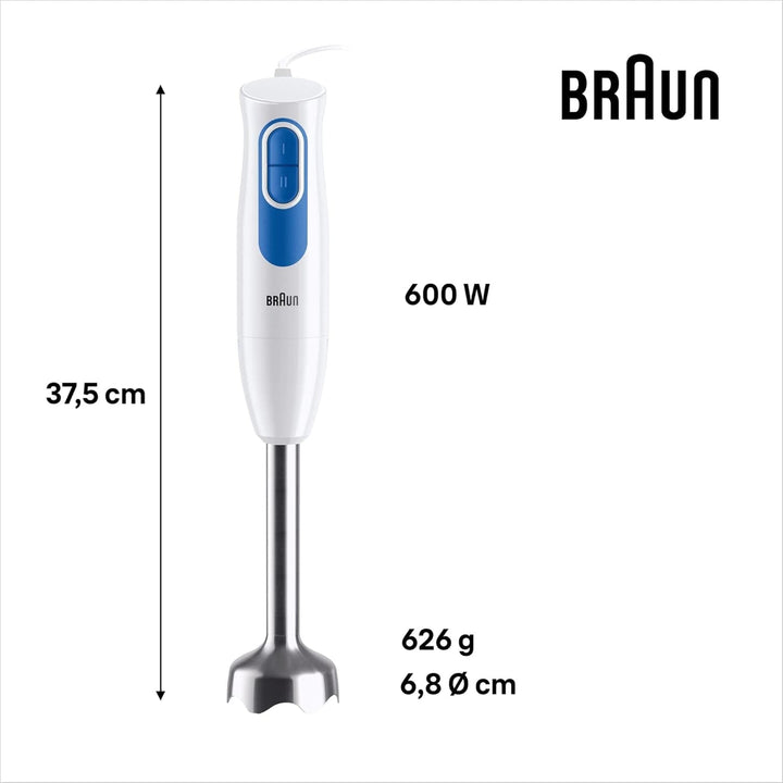 Braun Multiquick2 MQ20236MWH Stabmixer, Mixer Zum Mixen Von Saucen Und Smoothies, 2 Geschwindigkeitsstufen, Zerkleinerer 500 Ml, Becher 600 Ml, Schneebesen Aus Stahl