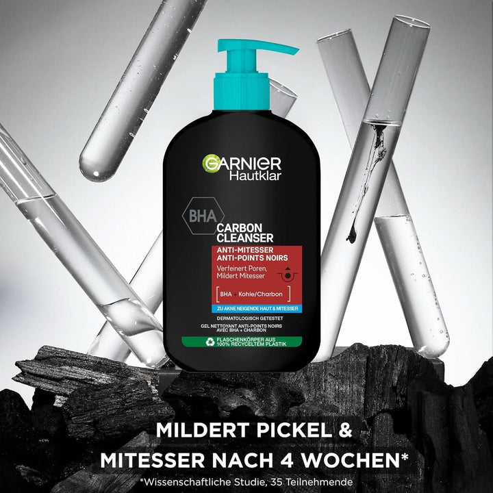 Garnier, Cleanser cu cărbune, gel de curățare facială împotriva punctelor negre și a coșurilor, 250 ml