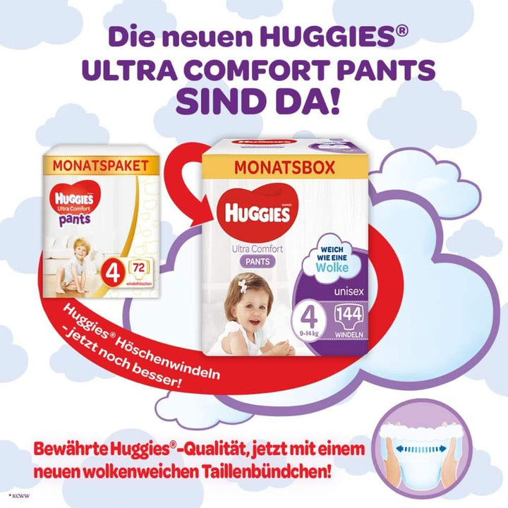 Huggies Ultra Comfort Pants mărimea 4, 9 - 14 kg, Pentru copii activi, Cu indicator de umezeală și tehnologie cloud waistband, 144 scutece