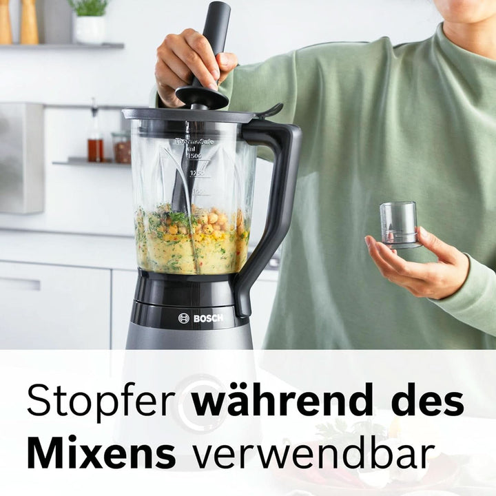 Bosch Standmixer Vitapower Serie 4 MMB6172SN, Verbesserte Version, 10 Jahre Motorgarantie, Edelstahl-Klingen, 1,5L Glasbehälter, Spülmaschinenfeste Teile, 30,000 U/Min, 1200 W, Silber