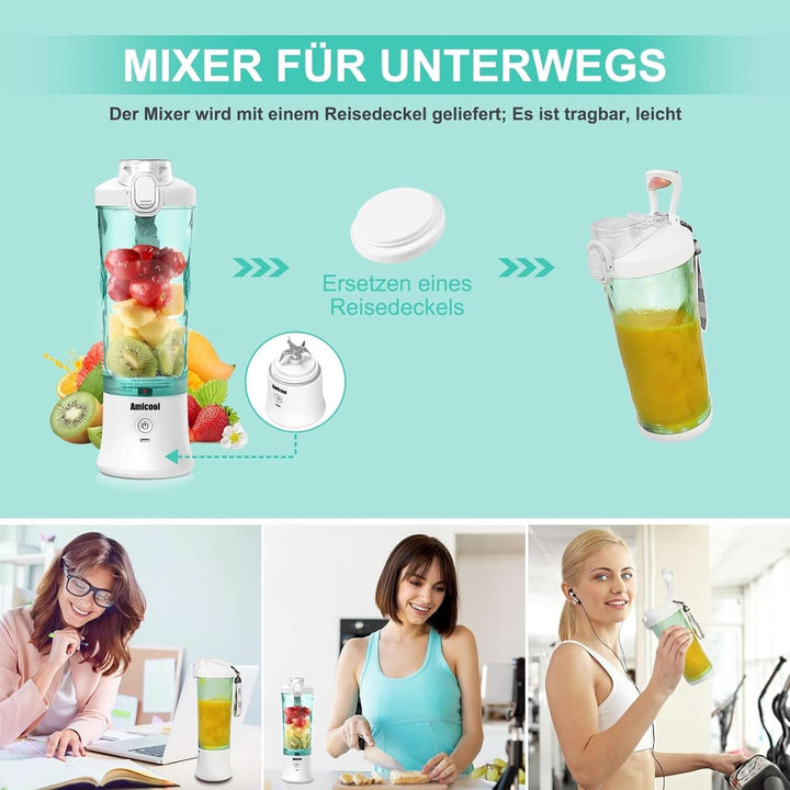 Mixer Smoothie Maker to Go, Mini Standmixer Tragbar Mit 6-Klingen Edelstahl, Enstafter Mit Reisedeckel, USB Portable Blender Elektrisch 600Ml Bottle, Mixer Shaker Slushy Maker Wasserdichter