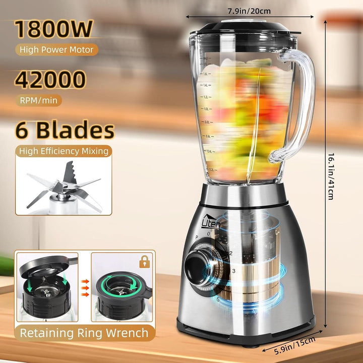 Uten Standmixer 2L, 1800 W Mixer Hochleistungsmixer, Pulse Und 5 Geschwindigkeiten, Edelstahlgehäuse, 6 Klingen, Macht Milchshake-Smoothies, Mahlbare Kaffeebohnen