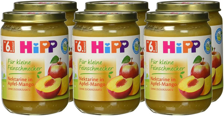 Hipp For Little Gourmets, Nectarine în mere și mango, fără zahăr adăugat, 6 X 190 grame