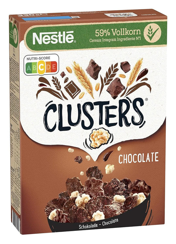 CLUSTERS Chocolate, Cereale din 59% făină integrală, Cu ciocolată și migdale, Conține vitamine, calciu și fier, 330 grame