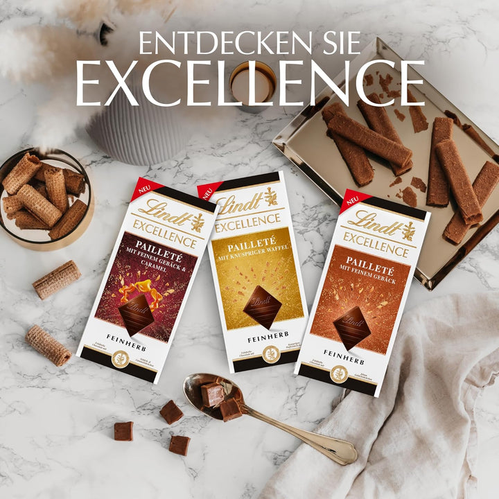 Lindt EXCELLENCE Pailleté Gebäckstückchen & Caramel - Feinherbe Schokolade | 100G Tafel | Mit Knusprigen Gebäckstückchen Und Cramel | Intensiver Kakao-Geschmack | Dunkle Schokolade