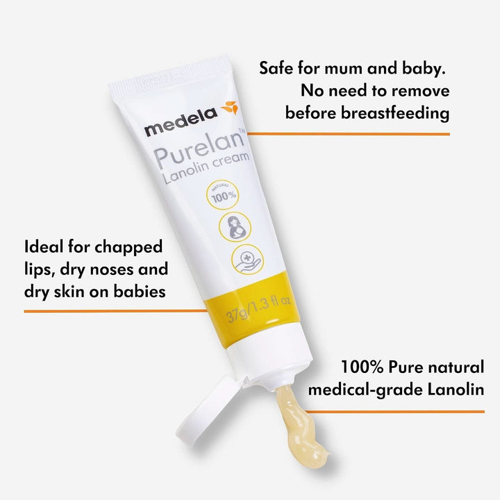 Medela Purelan 37G Lanolin Nipple Cream - Fast Relief for Sore Nipples and Dry Skin, 100% Natural, Hypoallergenic, Dermatologically Tested and Free from Fragrance